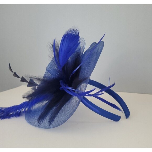 Blue Fascinator Floral Feather Mesh Headband Church Cocktail Wedding Derby Hat - Picture 6 of 10